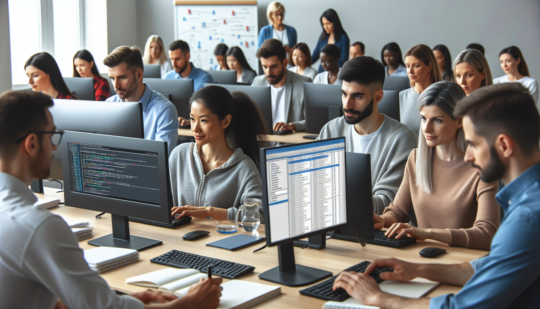 Un equipo de profesionales capacitándose frente a computadoras, enfocándose en herramientas de gestión de calidad de datos.