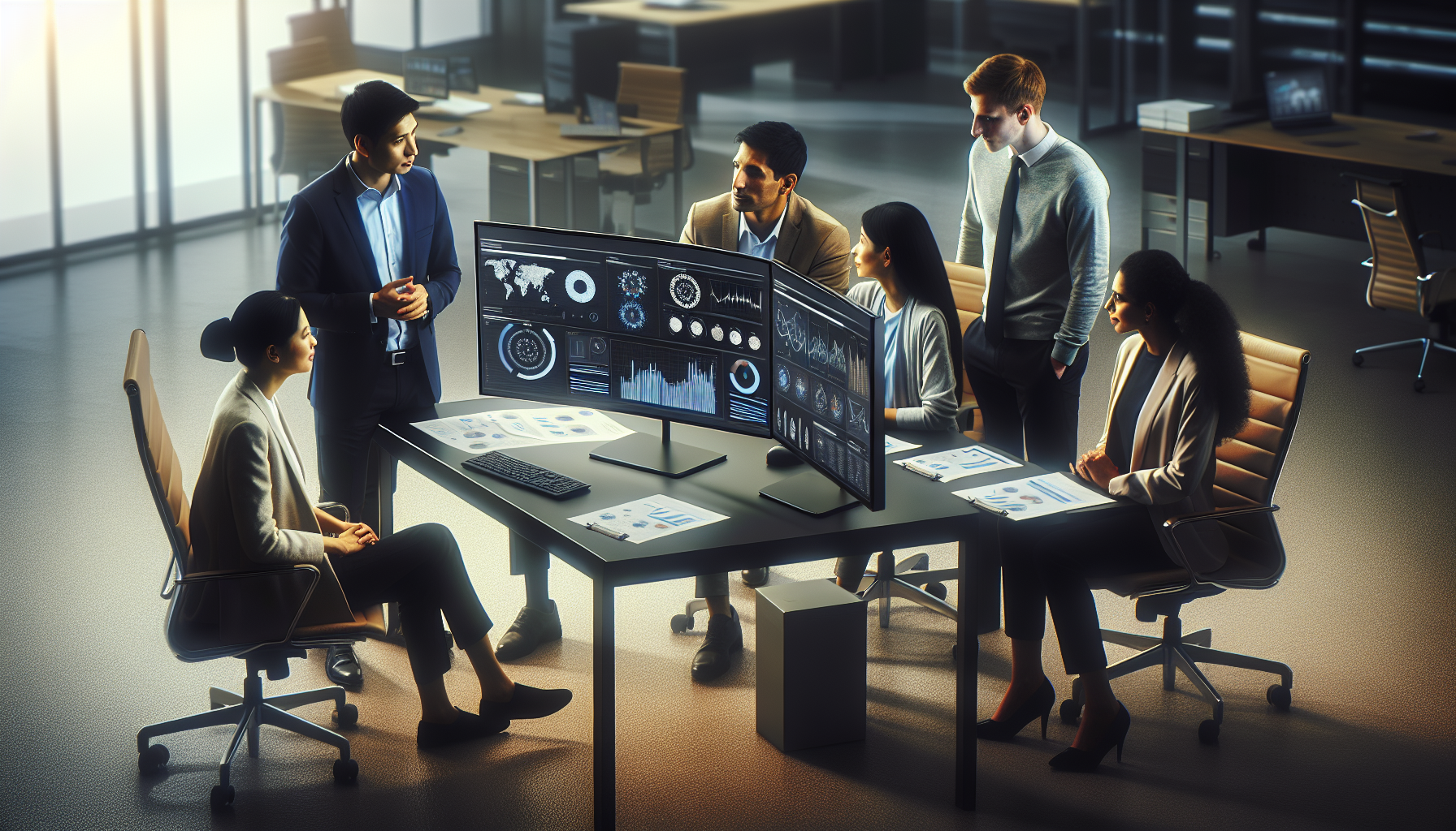 imagen de un equipo administrativo en discusión alrededor de un monitor con gráficos de datos