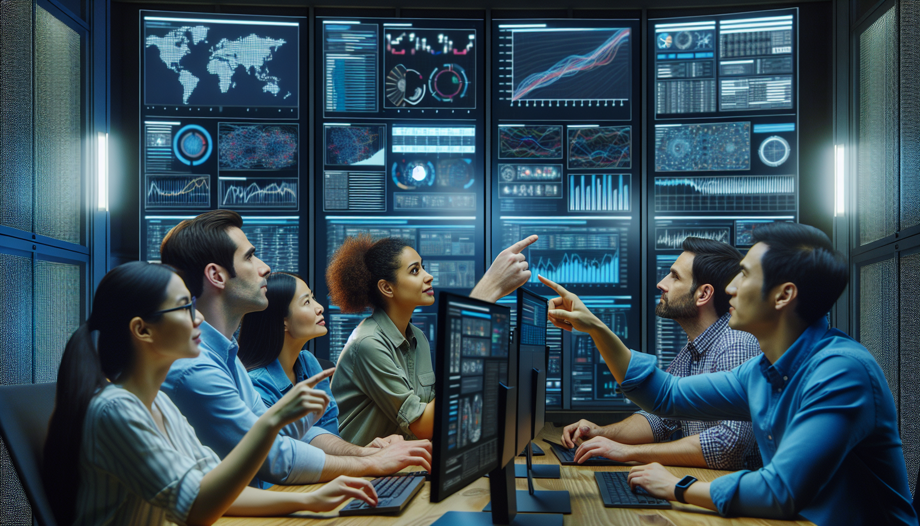 Un equipo técnico analizando datos en grandes pantallas en un centro de control.