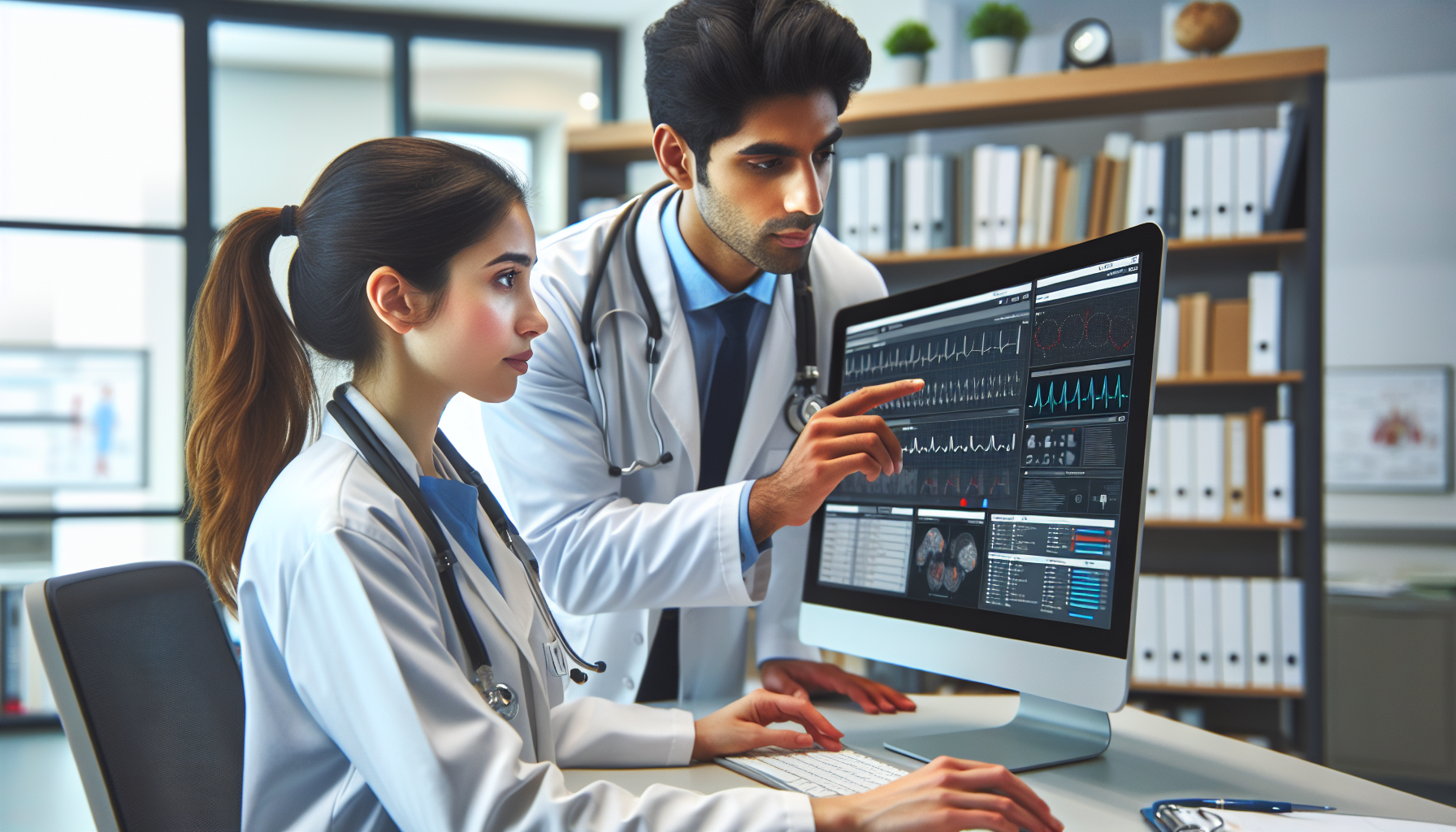Doctores revisando registros médicos en un monitor asegurado