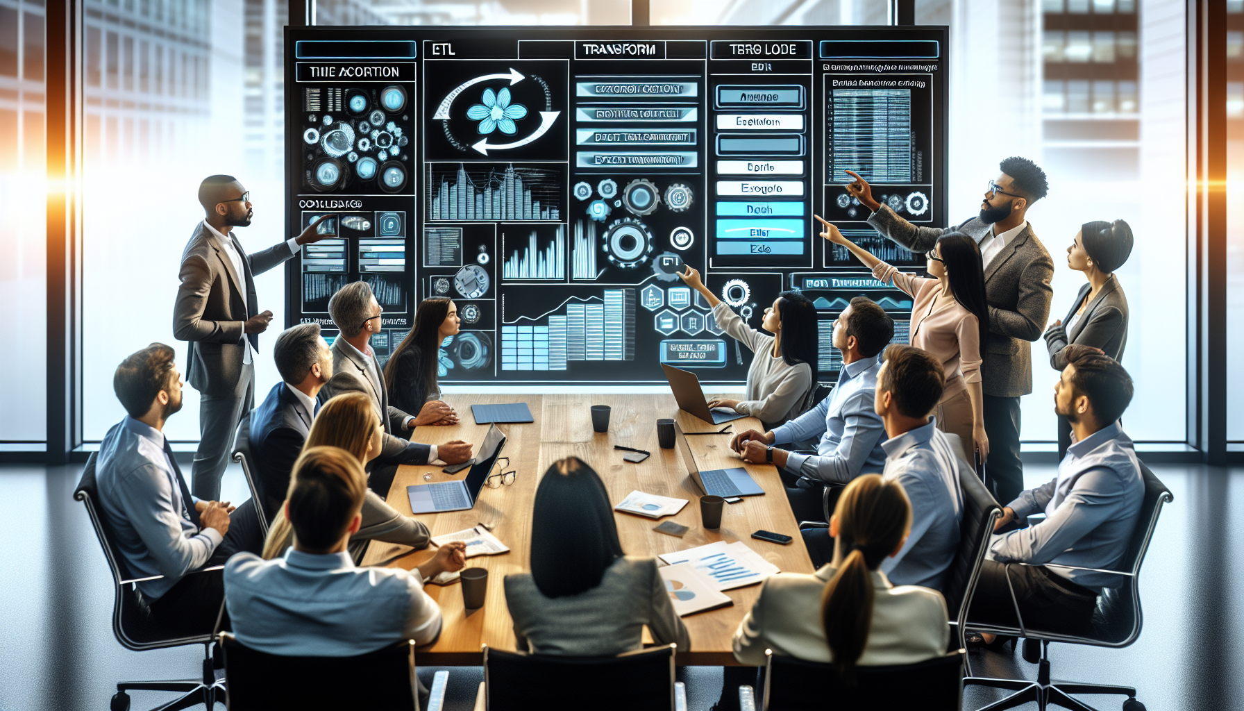 Un equipo de TI evaluando opciones de ETL en una pantalla grande