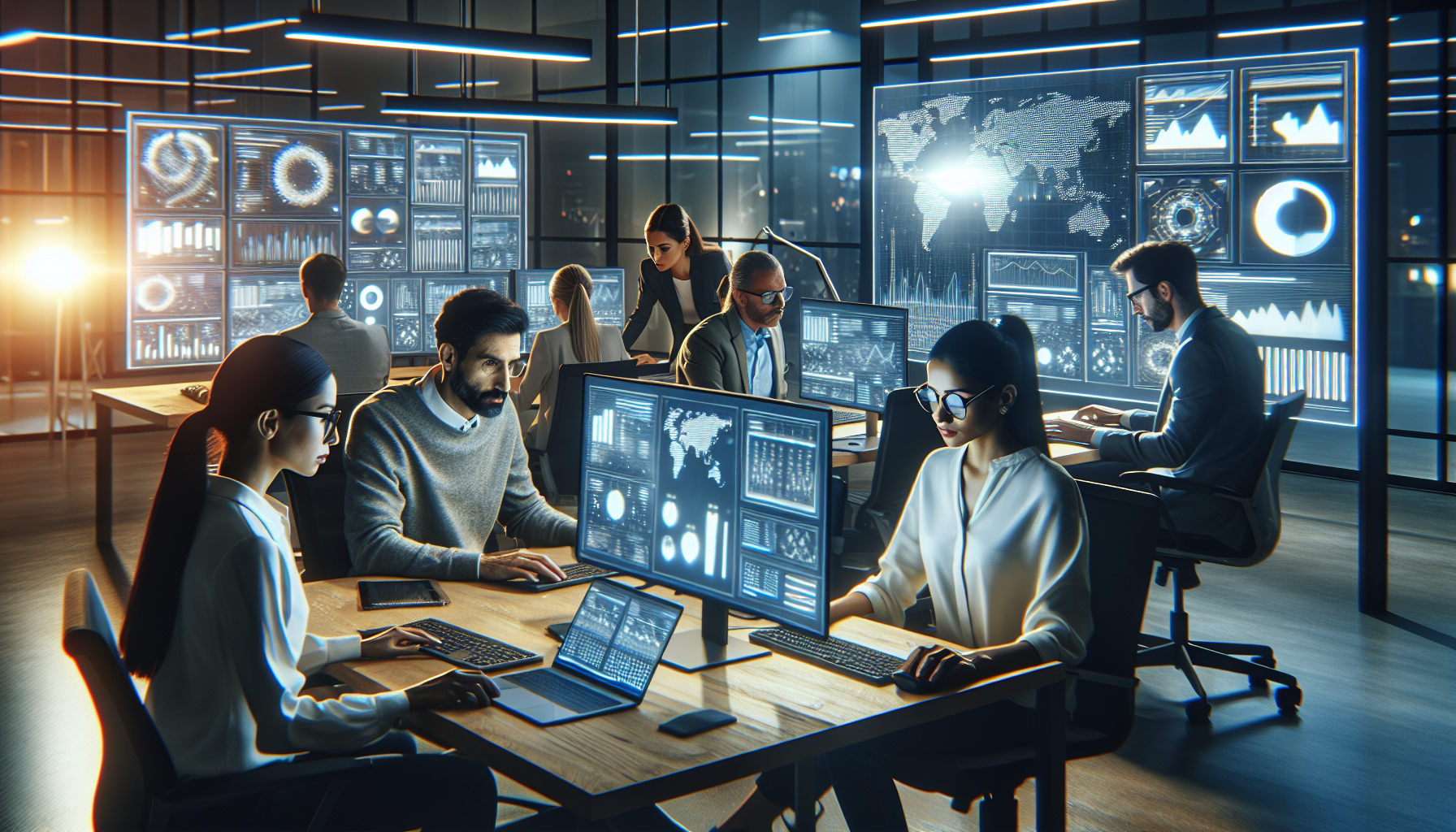 Un equipo de analistas de datos trabajando juntos, varios computadoras con gráficos y datos mostrados, en una oficina moderna.