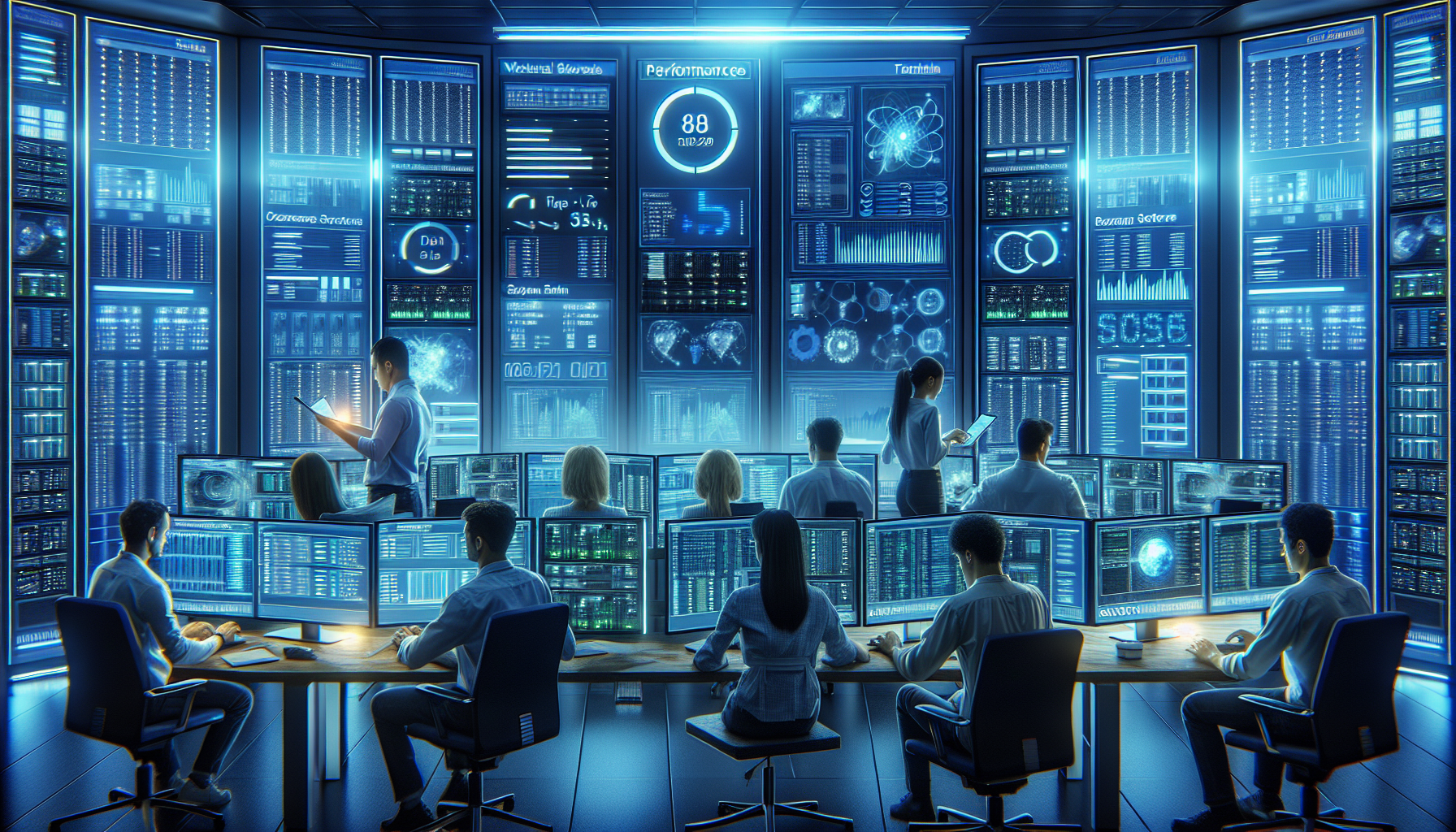 entorno tecnológico con pantallas de monitoreo mostrando estadísticas de rendimiento de VPS, equipo técnico en análisis entorno tecnológico con pantallas de monitoreo mostrando estadísticas de rendimiento de VPS, equipo técnico en análisis