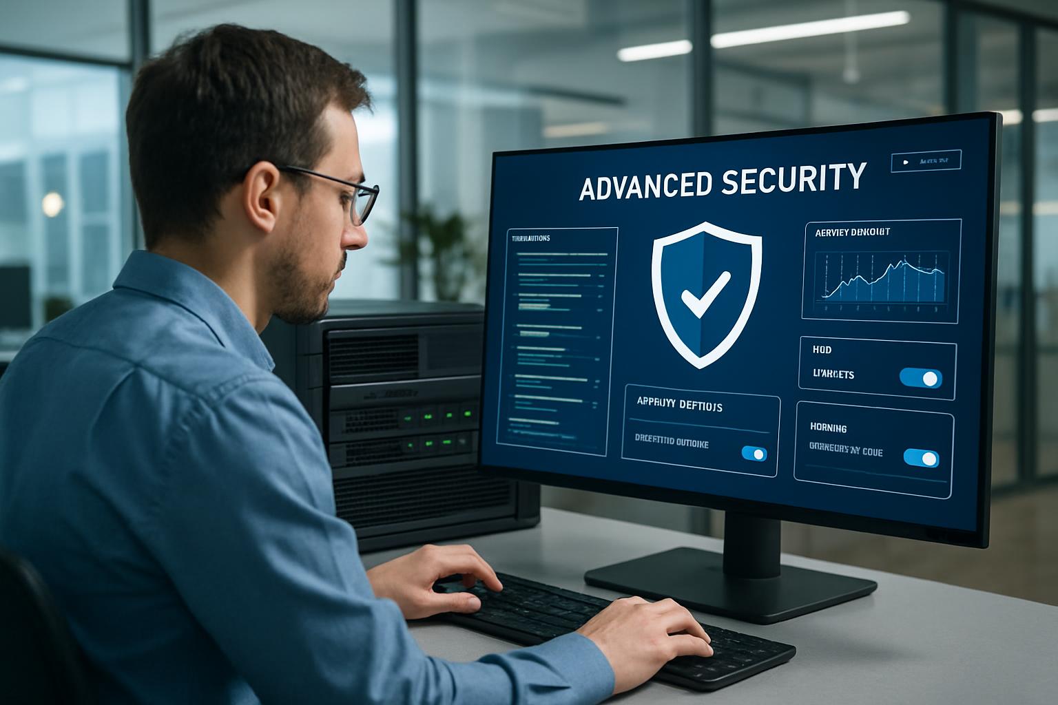 Ingeniero de sistemas configurando opciones avanzadas de seguridad en servidor dedicado, interfaces de seguridad en pantalla, Ingeniero de sistemas configurando opciones avanzadas de seguridad en servidor dedicado, interfaces de seguridad en pantalla,