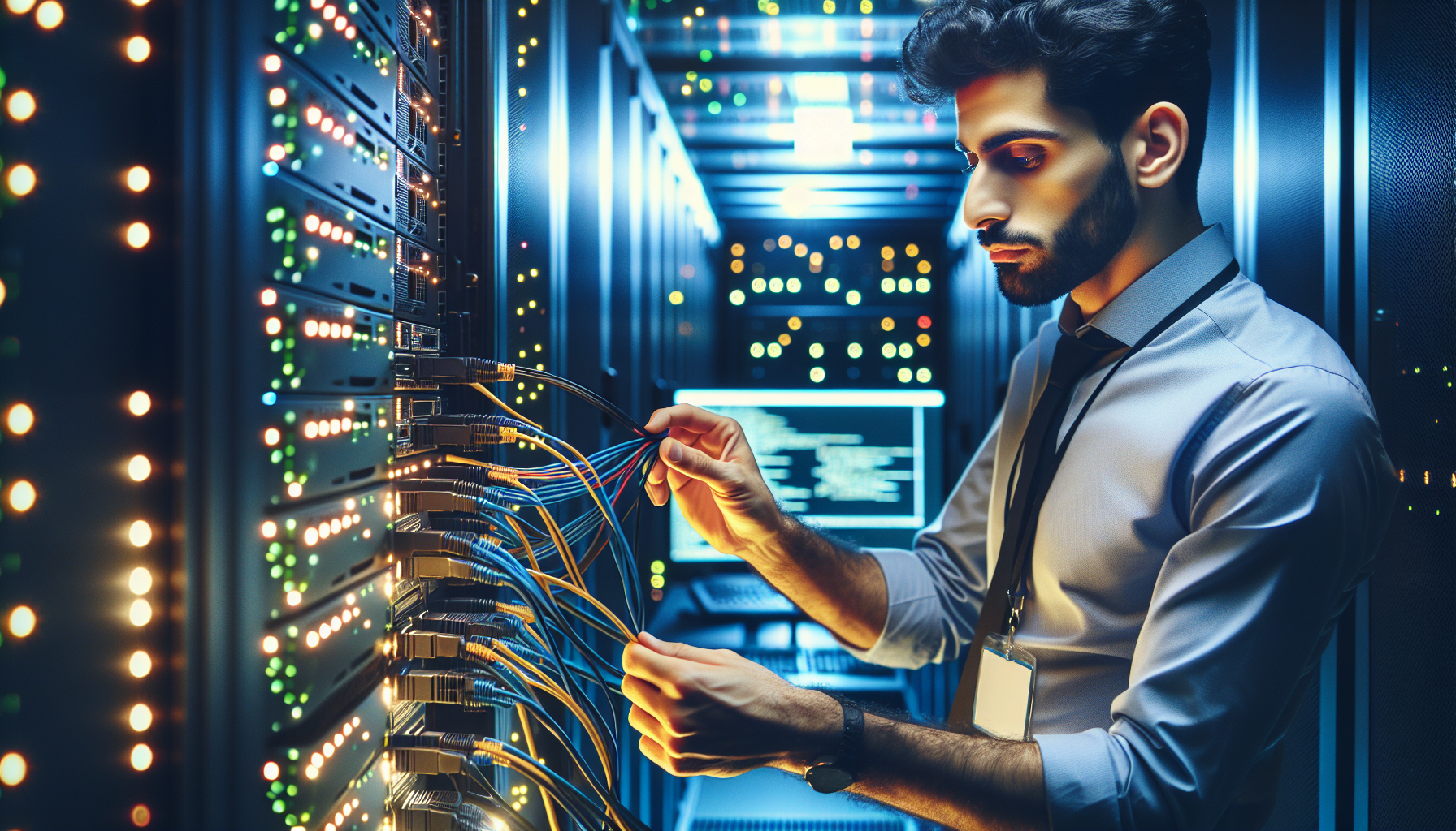 profesional configurando un servidor físico en un data center, con luces LED y cables visibles, representando soluciones de h profesional configurando un servidor físico en un data center, con luces LED y cables visibles, representando soluciones de h