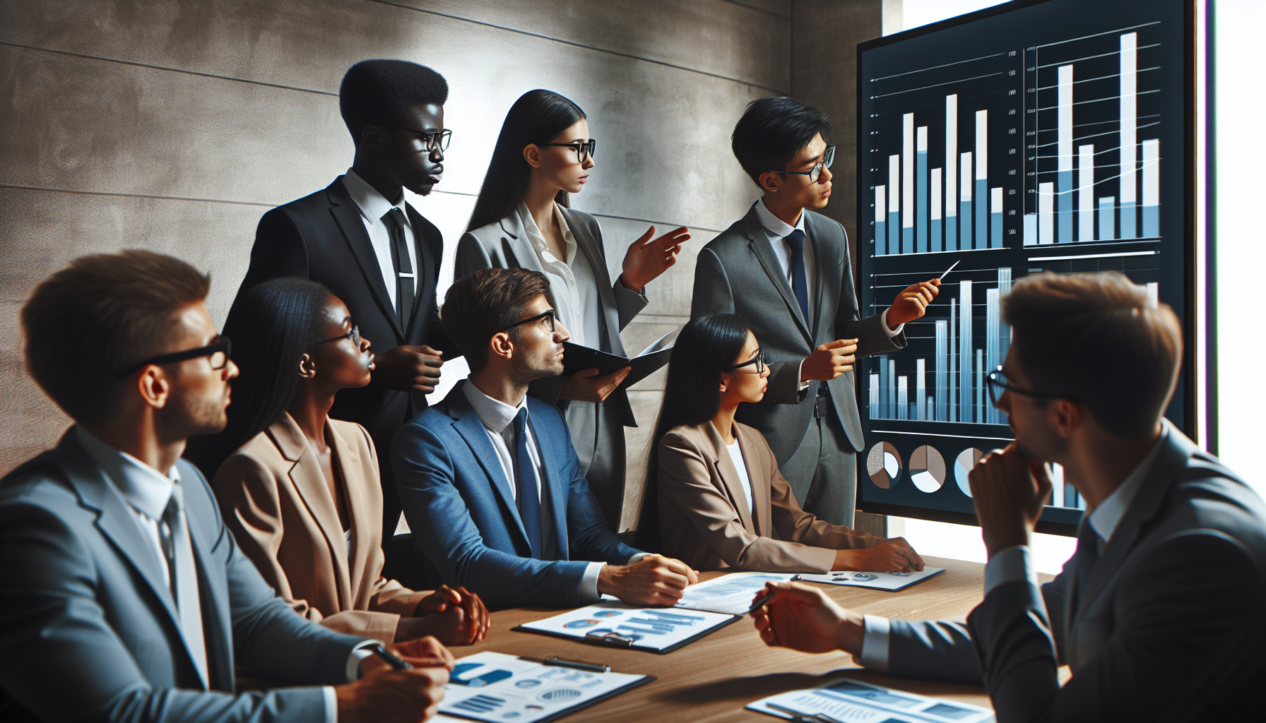 Imagen de una reunión de ejecutivos analizando datos en un tablero digital