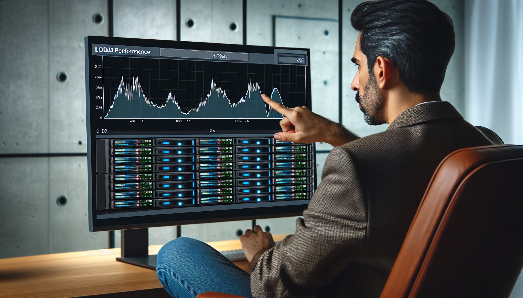 persona analizando un gráfico de rendimiento de servidor en pantalla, en una oficina moderna, donde los datos muestran picos persona analizando un gráfico de rendimiento de servidor en pantalla, en una oficina moderna, donde los datos muestran picos