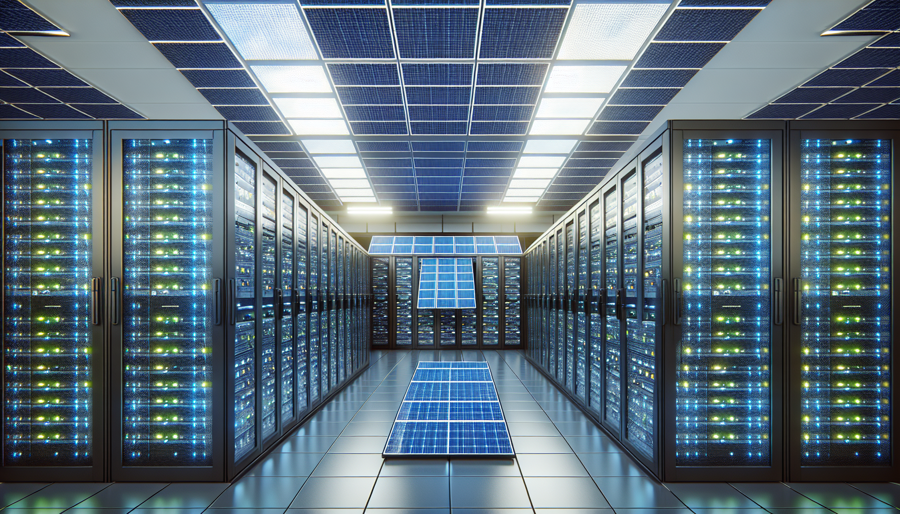 centro de datos sostenible con paneles solares, servidores organizados, entorno limpio y ordenado centro de datos sostenible con paneles solares, servidores organizados, entorno limpio y ordenado