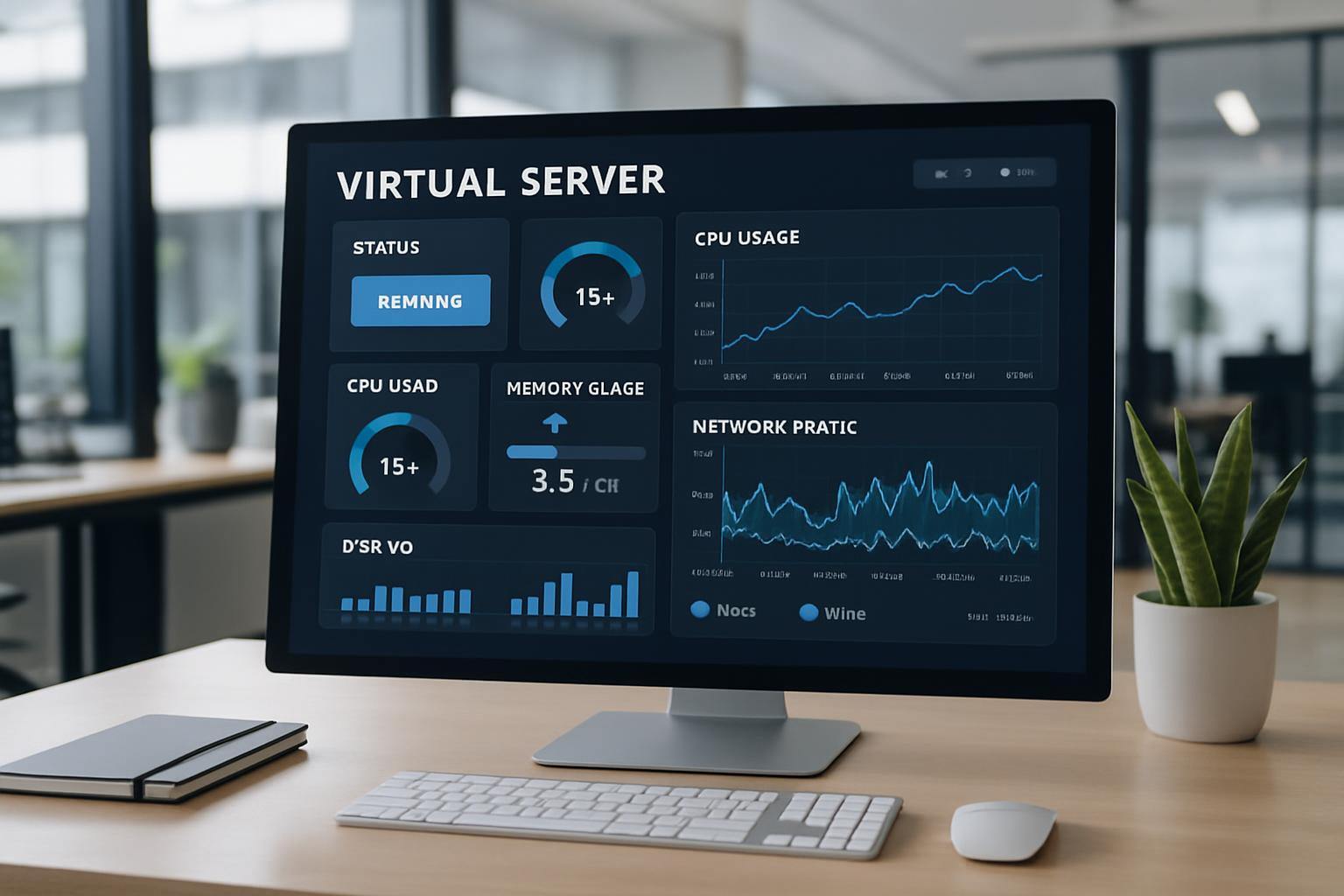 pantalla de control de servidor virtual mostrando estadísticas en tiempo real, oficina moderna