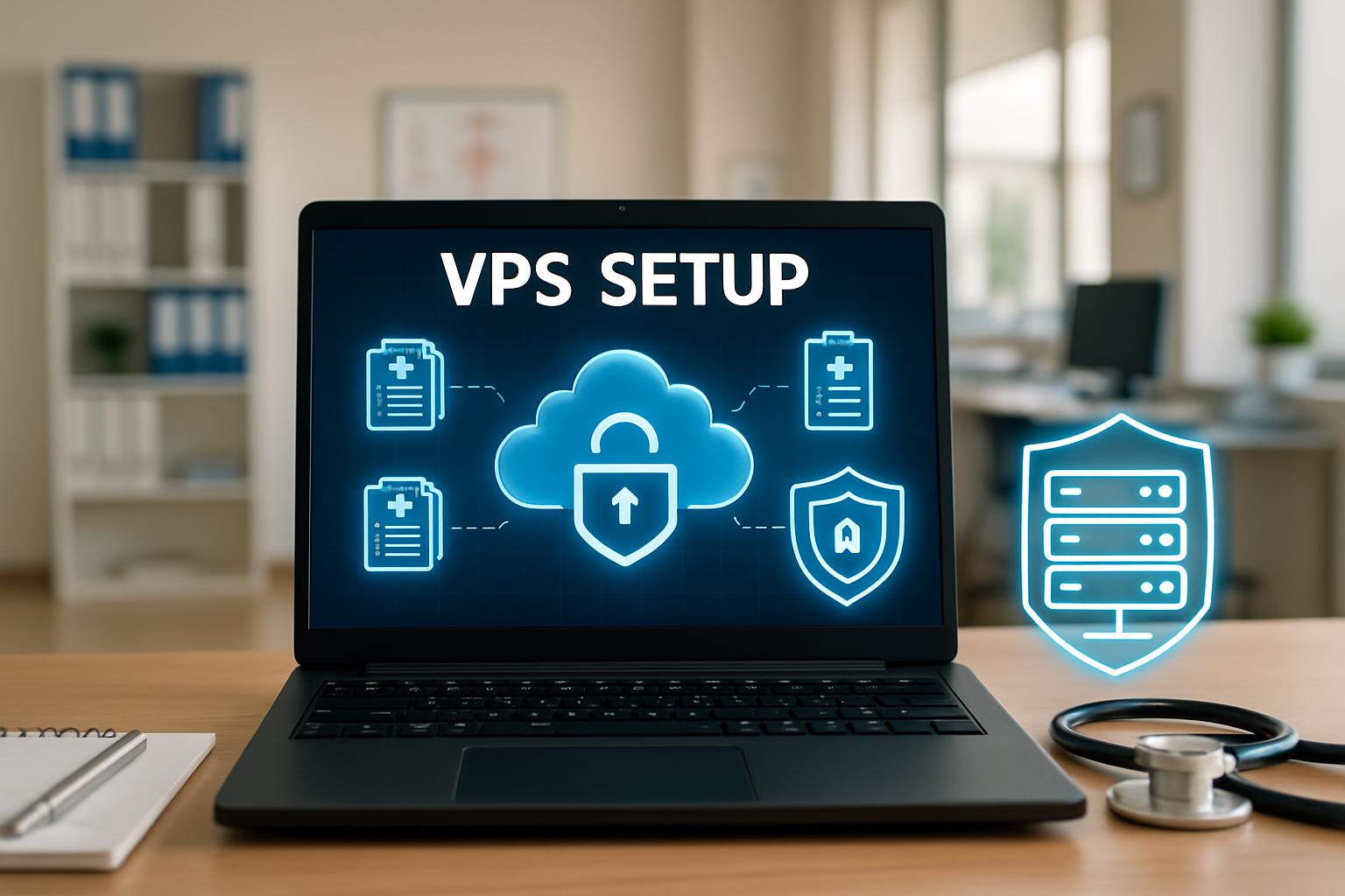 VPS setup for healthcare data processing, showing secure interaction with digital records, hospital office in background