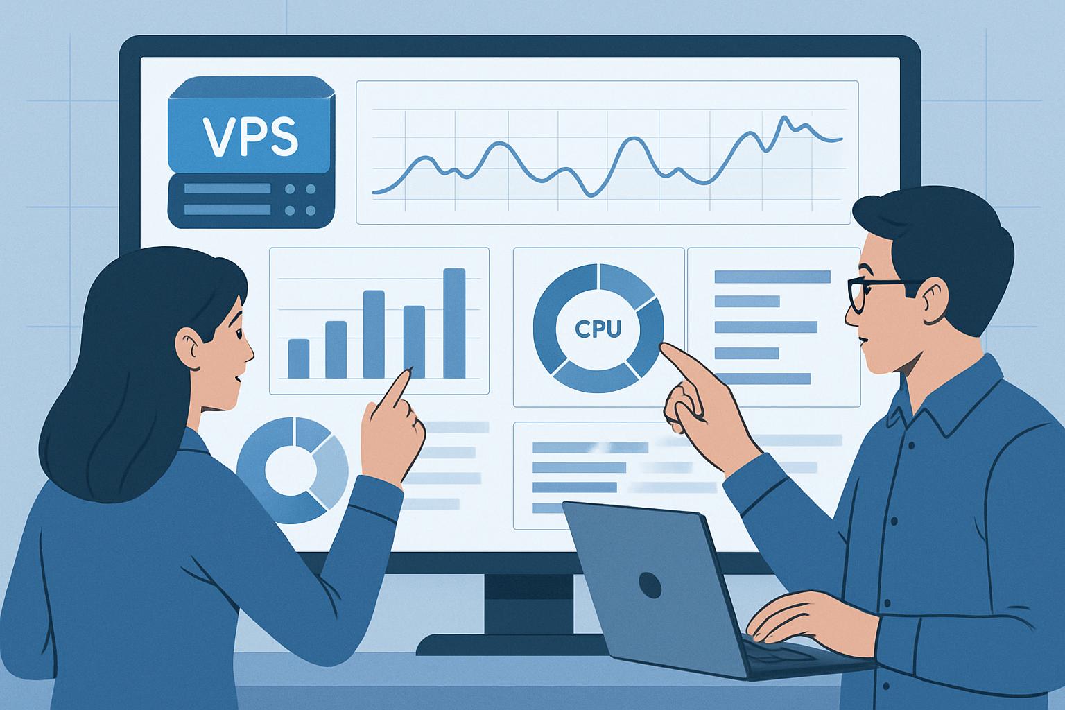 Administradores ajustando un VPS a través de un dashboard digital, mostrando gráficos de rendimiento y consumo de recursos